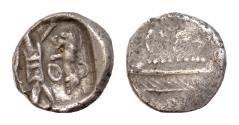 Ancient Coins - SAMARIA. Circa 375-333 BC. AR 9mm Obol (1,15gm). Phoenician galley sailing  / Persian king slaying lion;  Good VF,