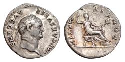 Ancient Coins - VESPASIAN (69-79). AR 19mm 2,9g silver Denarius. Rome.  IMP CAES VESP AVG CEN. Laureate head right.  PONTIF MAXIM. Vespasian seated