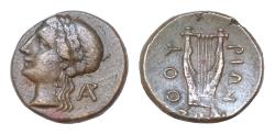 Ancient Coins - LUCANIA. Thourioi. Circa 280-213 BC. AE Bronze 15 mm, 2,6g, struck under the magistrate Sophi... Laureate head of Apollo to left; behind, monogram of AP.