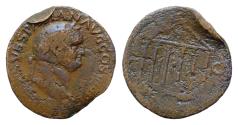 Ancient Coins - Extremely Rare ! Vespasian. AD 69-79 Æ As 27mm 8,6g Lugdunum Temple of Jupiter Optimus Maximus statues of Jupiter, Minerva, and Juno (the Capitoline Triad) within hexastyle temple