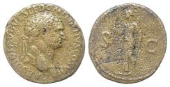 Ancient Coins - Domitian as Caesar Æ 34mm 24,3g. Sestertius. Rome, AD 76-77. CAES DIVI AVG VESP F DOMITIAN COS VII, Laureate head right / Spes advancing left, holding flower and raising hem of ski