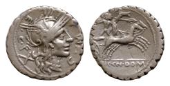 Ancient Coins - C. Malleolus C. f. AR 19mm 3,82g Serrate Denarius. Narbo, 118 BC. C•MALLE•C•F, helmeted head of Roma to right; mark of value behind / Gallic warrior (Bituitus?), raising spear held