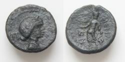 Ancient Coins - Sicily, Pentonkion,Menainon, c. 200-100 BC, AE, (g 4,7, mm 18, h ). Laureate head of Apollo r., at l. ?, Rv. MENA-INON, Asklepios standing facing, holding phiale and rod