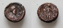 Ancient Coins - Migration Period Ostrogoths, Uncertain  Æ12mm 1,7g  5 Nummi. Rome, AD 549-552.  bust r. soldier standing to right, holding spear and shield