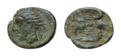 Ancient Coins - SICILY. Katane. AE 9mm 0,7g  Onkia c.405-402 BC Head of river god Amenanos left. Winged thunderbolt