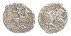 Ancient Coins - SICILY, Gela. Circa 490-480BC. AR Didrachm 20.5mm, 7.3g,. Horseman riding right, preparing to cast javelin / Forepart of man-headed bull right within circular incuse