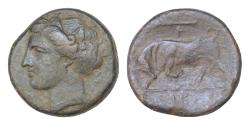 Ancient Coins - SICILY. Syracuse. Hieron II. 275-215 B.C. Æ hemilitron. 5.85 gm. 18 mm. Struck circa 275-269 B.C. Wreathed head of Persephone left / Bull butting left; club and T above, IE in exer