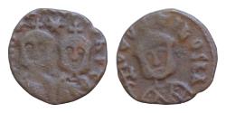 Ancient Coins - Theophilos, 829-842 AD. Æ 18mm Follis (2.3gm), Syracuse. Crowned bust facing holding long cross / Crowned busts of Michael II and Constantine, star between