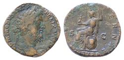Ancient Coins - Commodus Æ29mm 20g Sestertius. Rome, AD 186-189. M COMMODVS ANT P FELIX AVG BRIT, laureate head to right / ROMAE AETERNAE, Roma seated to left on shield, holding Victory and spear