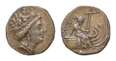 Ancient Coins - Euboea, Histiaea. Tetrobol, 3rd-2nd centuries BC. AR12,5mm., 2,2g. Wreathed head of nymph Histiaia right / Nymph seated right on stern of galley decorated with wing. BCD Euboia 402