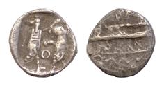 Ancient Coins - SAMARIA. Circa 375-333 BC. AR 8,5mm Obol (0,55gm). Phoenician galley sailing  / Persian king slaying lion;  Good VF,