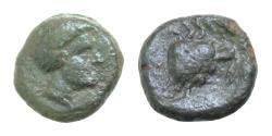 Ancient Coins - SICILY, Motya. Circa 400-397 BC. Æ (9mm, 1.4g,). Bare head of male right / Crab.