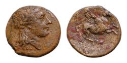 Ancient Coins - Sicily, Syracuse. Agathokles (317-289 BC). Æ (14mm, 2.8g, ). Laureate head of Apollo r. R/ Pegasos flying r.
