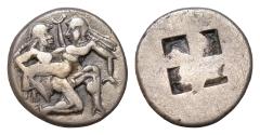 Ancient Coins - Thrace, Thasos; c. 500-480 BC,  AR22mm Stater, 8.9g. Le Rider-2, SNG Cop-1008. Obv: Nude ithyphallic satyr r., carrying off protesting nymph.  Quadripartite incuse square