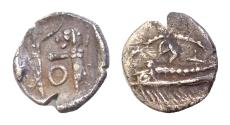 Ancient Coins - SAMARIA. Circa 375-333 BC. AR 9mm Obol (1gm). Phoenician galley sailing  / Persian king slaying lion;  Good VF,