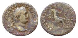 Ancient Coins - Titus. As Caesar, AD 69-79. Æ Dupondius (28mm, 11,8g). Lugdunum (Lyon) mint. Struck under Vespasian, AD 77-78. Laureate head right, globe at point of bust / Securitas seated right