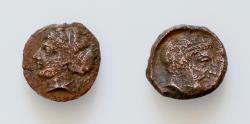 Ancient Coins - Sicily, Entella. Elymian issues, c. 425-410 BC. Æ Hemilitron(?) (16mm, 3.3g). Head of female l., wearing sphendone. R/ Bearded male head r., wearing tainia. (Zeus ?)
