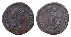 Ancient Coins - Theodosius I (379-395) Antioch AE Maiorina 22mm, 5,4g  D N THEODO-SIVS P F AVG, diademed, draped cuirassed bust of Theodosius I right. VIRTVS E-XERCITI Theodosius in military garb