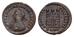 Ancient Coins - CRISPUS, Caesar. 317-326 AD. Æ Follis (18mm - 3.8g). Heraclea mint. Struck 317 AD. D N FL IVL CRISPVS NOB CAES, laureate and mantled bust left, holding mappa in right hand, globe