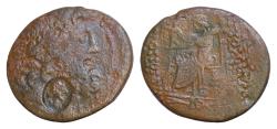 Ancient Coins - SYRIA, Seleucis and Pieria. Antioch. Civic issue. Æ Tetrachalkon 24mm 11,5g  Caesarean Era (48/7 BC) head of Zeus right / Zeus Nikephoros seated , countermark heag of Apollo