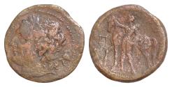 Ancient Coins - Sicily, Messana, The Mamertinoi, c. 220-200 BC. Æ Pentonkion (26mm, 11g, ). Laureate head of Ares l. R/ Warrior, horse behind, standing l., spearf horse.