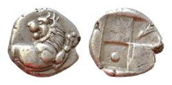 Ancient Coins - THRACE, Chersonesos. Circa 386-338 BC. AR Hemidrachm 13.5mm 2.5g Forepart of lion right, head reverted / pellet in upper quarter, grain ear in lower quarter.