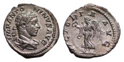 Ancient Coins - Elagabalus, AD 218-222. AR, Denarius. 3g. 18,5mm. Rome. IMP ANTONINVS PIVS AVG. Bust of Elagabalus, laureate, draped, cuirassed, right  VICTORIA AVG. Victory,
