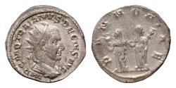 Ancient Coins - Trajan Decius. AD 249-251. AR Antoninianus 20mm, 3,5g. Rome mint, 3rd officina. 5th emission. AD 251. Radiate, draped, and cuirassed bust right / PANNONIAE, the two Pannoniae facin