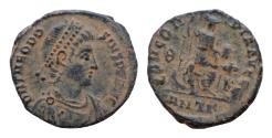 Ancient Coins - Theodosius I. A.D. 379-395. Æ 18mm, 3g,  Antioch, A.D. 378-383. D N THEODO-SIVS P F AVG, pearl-diademed, draped and cuirassed bust of Theodosius I right / CONCOR-DIA AVGGG
