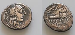 Ancient Coins - M. Fannius C.f. AR 18,5mm 3,6g Denarius. Rome, 123 BC. Helmeted head of Roma to right; ROMA downwards behind, [X] (mark of value) below chin / Victory driving quadriga to right