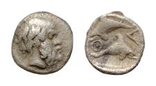 Ancient Coins - Islands off Thrace, Thasos AR 7mm 0,4g  Obol. Circa 400 BC. Head of satyr right / Dolphin swimming left above dolphin swimming right