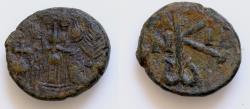 Ancient Coins - CONSTANS II. 641-648 AD. Æ Half Follis (19mm, 5,7 gm, ). Syracuse mint. Struck IY 10 (651/2 AD). Anepigraphic, crowned facing bust, wearing long beard, holding globus cruciger