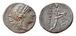 Ancient Coins - M. Herennius. 108-107 BC. AR Denarius (18mm, 3.45 g,  Rome mint. Diademed head of Pietas right / Amphinomus carrying his father right; L to right