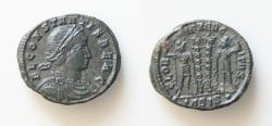 Ancient Coins - Constans, as Caesar, Æ Follis . Siscia, AD 334-335. FL CONSTANTIS BEA C, laureate, draped and cuirassed bust right / GLORIA EXERCITVS, two soldiers