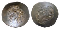 Ancient Coins - Isaac II Angelus. First reign, 1185-1195. BI Silvered Aspron Trachy 27mm, 3,6g, Constantinople mint. The Theotokos enthroned facing, holding head of Holy Infant on lap / Isaac