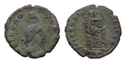 Ancient Coins - Aelia Eudoxia (wife of Arcadius) Æ 16mm 2,4g   Nicomedia, AD 395-401. AEL EVDOXIA AVG, pearl-diademed and draped bust right, being crowned by the hand of God above / GLORIA ROMANOR