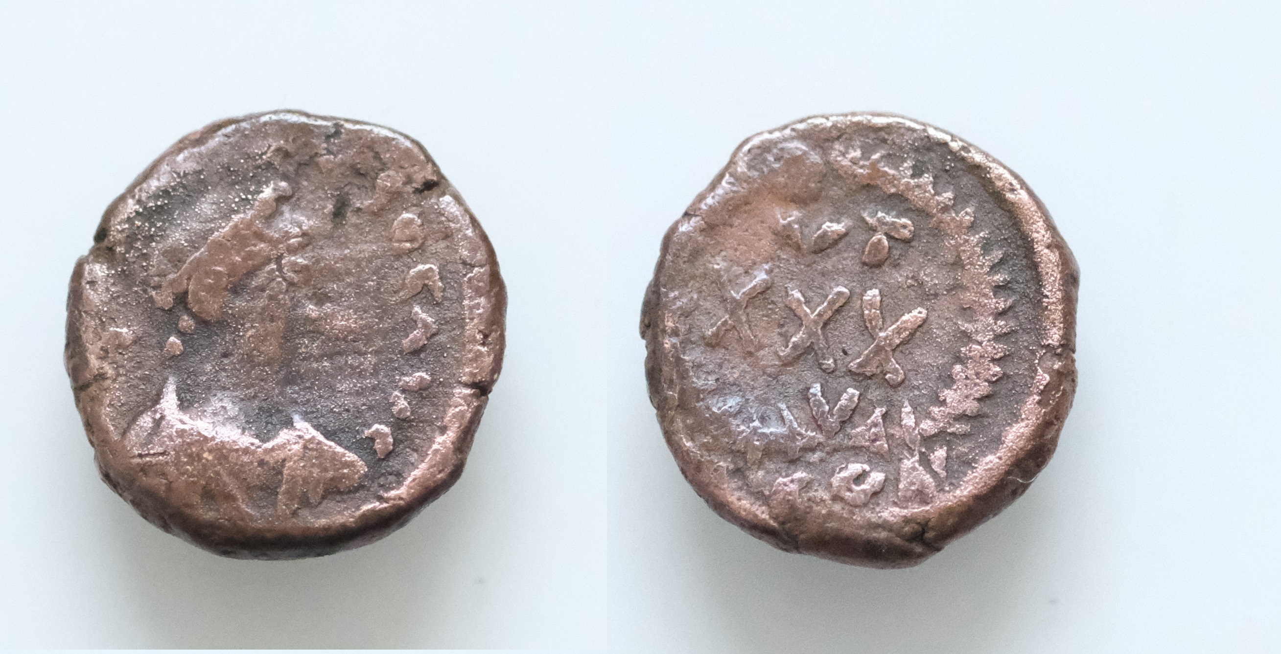 MIGRATION PERIOD. Uncertain Germanic tribes. AE11mm 1g. imitating  Theodosius II (5th century). Obv: Diademed, draped and cuirassed bust  right. Rev: VT XXX / CON