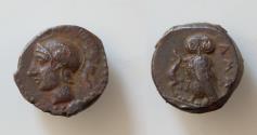Ancient Coins - Camarina. Tetras c. 420-410, AE14mm  3.4g. Helmeted head of Athena l. Rev. Owl l. with lizard in its talons; in exergue, three pellets.