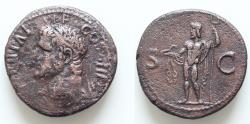 Ancient Coins - AGRIPPA. Died 12 BC. Æ 27mm As (10,7 gm). Struck under Caligula, 37-41 AD. Neptune standing left, naked but for cloak draped over arms, holding small dolphin and trident