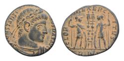 Ancient Coins - Constantinus I the Great AD 306-337. Roma mint RBT Soldiers , GLORIA EXERCITUS  Legionary standart  RBT  adobe  Follis Æ 16mm., 2,4g. Extremely Rare ! Good Very Fine