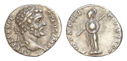 Ancient Coins - Septimius Severus, AD 193-211. AR, Denarius. 3,5g. 18mm. Rome.  L SEPT SEV PERT AVG IMP V. Head of Septimius Severus, laureate, right. P M TR P III COS II P P. Minerva (or Palladiu
