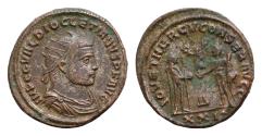 Ancient Coins - Diocletian AD 284-305. Antioch Antoninianus Æ silvered 23mm 5,3gJupiter standing right,holding globe and sceptre, receiving Victory on globe from Hercules