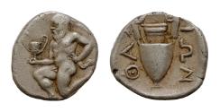 Ancient Coins - Islands off Thrace. Thasos 450-425 BC. Obol AR 11mm., 1g. Satyr kneeling left, holding kantharos with right hand /  amphora. Extremely  fine