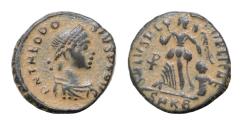 Ancient Coins - Theodosius I. A.D. 379-395. AE 12,5mm, 1.1g. Cyzicus mint, struck A.D. 388-392. D N THEODOSIVS P F AVG, pearl-diademed, draped and cuirassed bust of Theodosius I right / SALVS REIP