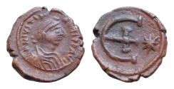 Ancient Coins - Justinian I Æ16mm 2,3g Pentanummium. Antioch, AD 561-565. D N IVSTINIANVS PP AVG, diademed draped and cuirassed bust right / E with cross