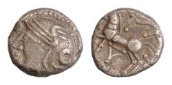 Ancient Coins - Central Gaul. Lingones. AR 14mm 1,9g Quinarius (1st century BC). 'Kaletedou' type. Helmeted head left.Horse prancing left.