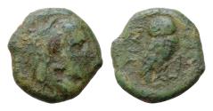 Ancient Coins - Lucania, Velia Æ 16mm. 4,5g  Late 5th century BC. Head of Herakles to right, wearing lion skin headdress / Owl with closed wings standing to left on olive branch, head facing;