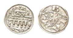 World Coins - HUNGARY. Bela III, 1172-1196 AD. AR 11mm  Denar 0,34 gm Shield of arms / Two horizontal lines with line of pellets, with perpendicular lines with wedges and pellets.