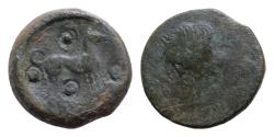 Ancient Coins - Sicily, Segesta Æ 19mm 7,9g  Trias. Circa 410-400 BC. Head of Aigiste to left, wearing sphendone / Hound standing to right, four punched pellets (mark of value) around