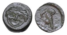Ancient Coins - Tetras circa 420-405, Æ 14mm, 3.2 g. Gorgoneion. KAMA Owl standing r., holding lizard; in exergue, three pellets.